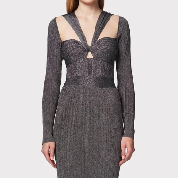 HERVE LEGER VARIEGATED RIB DRAPED METALLIC GOWN - Picture 2 of 7